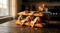 Crispy fried chicken sandwich with melted cheese, lettuce and tomato on crusty bread, served on wooden table in warm kitchen setting for food photography and restaurant menus.
