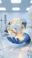Scientist in laboratory holding glowing recycling symbol made of transparent cubes, representing sustainable waste management, circular economy, and environmental responsibility in research.