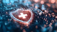 Glowing medical shield with cross symbol on circuit board background with bokeh lights, representing healthcare data protection and cybersecurity in medicine.