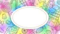 Colorful candy and sweets frame with oval white space for text on pastel rainbow background for confectionery design and party invitations.