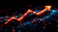 Glowing orange arrow chart line trending upward on dark background with blue and red bokeh lights, representing business growth and success.