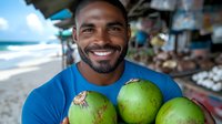 Young African American man in blue t-shirt holding fresh green coconuts at tropical beach market, displaying genuine warm smile and positive attitude. Perfect for wellness content.