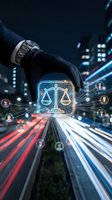 Businessman hand holding digital justice scales icon with network connections over blurred city traffic lights at night for legal technology concepts.