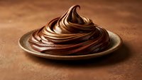 Swirled chocolate and vanilla soft serve ice cream or frosting in ceramic bowl on brown wooden surface for dessert and bakery designs.