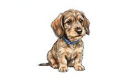 Cute brown dachshund puppy with floppy ears wearing blue collar, isolated on white background, suitable for pet care, veterinary, and animal-related design projects.
