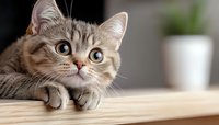 Curious gray tabby cat with big blue eyes peeking over wooden surface, paws crossed, blurred background with white planter, close-up portrait in soft natural light.