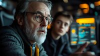 Senior Caucasian man with gray beard and glasses in deep conversation with young male companion, dramatic evening lighting creates moody atmosphere in urban setting.