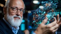Senior Caucasian businessman with glasses and white beard examining glowing digital network hologram, representing future technology and innovation.