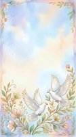 Watercolor illustration featuring two white doves surrounded by delicate floral vines and botanical elements on soft pastel background. Isolated design ready for invitations, greeting cards, and wedding stationery projects.