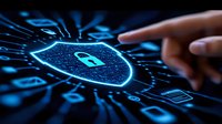 Glowing digital shield with lock icon and finger touch on dark background represents cybersecurity, data protection and information privacy concept.