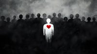 White figure with red heart stands out from crowd of dark silhouettes against moody sky. Concept for individuality, leadership, compassion and standing apart.