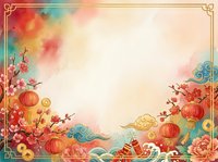 Festive oriental frame with red lanterns, blooming peonies, and golden ornaments on watercolor background, suitable for invitations and greeting cards.