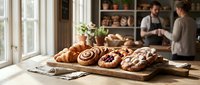 Fresh baked pastries and bread on wooden board in cozy bakery with bakers working in background. Artisan bakehouse atmosphere with natural lighting.