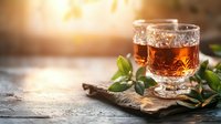 Crystal glass with amber liquor on rustic wooden board decorated with fresh green leaves, backlit by warm sunlight creating moody atmosphere for beverage photography.