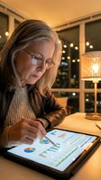 Middle-aged woman with long brown hair and glasses analyzing financial data on tablet at home office desk during evening work session.