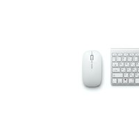 White wireless computer mouse and keyboard on clean background for office workspace design and technology presentations.