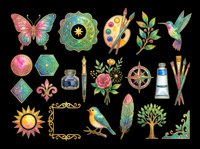 Colorful artistic design elements collection featuring butterfly, mandala, palette, hummingbird, flowers, sun, bird, feather, tree, and decorative ornaments isolated on transparent background for clipart, t-shirt design, stickers, and print-on-demand projects.