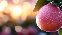 Fresh ripe orange with water drops and morning dew against blurred bokeh background creates peaceful natural atmosphere for wellness and freshness concepts.