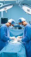 Two surgeons performing operation in modern operating room with surgical lights and medical equipment for healthcare and medical procedure concepts.