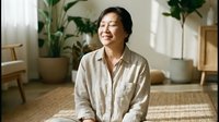 Mature Asian woman in casual beige linen shirt smiling indoors surrounded by potted plants and natural light, suitable for lifestyle, wellness, and home decor content.