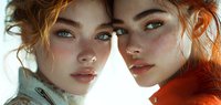 Close-up portrait of two young women with freckles, blue eyes, and red hair, looking directly at camera against bright background.