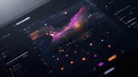 Futuristic data visualization with glowing purple and orange particles floating in dark space against digital interface background. Analytics dashboard concept.