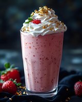 Creamy strawberry milkshake topped with whipped cream, fresh berries, and golden sprinkles on dark background. Fresh strawberries scattered around glass.
