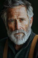 Close up portrait of mature Caucasian male with gray beard and striking blue eyes wearing dark green sweater and leather strap, dramatic lighting on dark background.