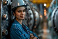 Young South Asian female engineer in hard hat and blue workwear standing confidently in industrial manufacturing facility with machinery and bokeh lighting in background.
