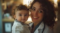 Young Mediterranean female pediatrician in white coat holding adorable curly-haired baby patient, both smiling warmly at camera in medical office with soft bokeh lighting.