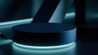 Dark futuristic podium with glowing neon teal light on a sleek platform, perfect for product display and modern showcase presentations.