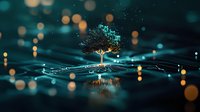 Glowing tree on digital network surface with bokeh lights and reflections creates futuristic technology concept for business growth and connectivity.