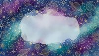 Mystical cosmic background with sacred geometry mandalas, celestial symbols and starry galaxy in purple teal colors with central white cloud space for text overlay.