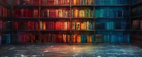 Rainbow colored library bookshelves with vintage books arranged by color spectrum from red to blue, creating dramatic atmospheric lighting perfect for education and knowledge concepts.