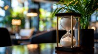 Vintage hourglass with flowing sand on wooden table in modern cafe setting with warm ambient lighting and tropical plants creating peaceful atmosphere.