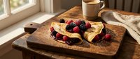 Golden crepes filled with fresh mixed berries on rustic wooden board with morning coffee cup by sunny window for breakfast menu design.