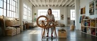 Young woman artisan working with traditional wooden spinning wheel in bright modern studio workspace with natural light and creative atmosphere.