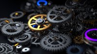Metallic gears and cogs mechanism with golden and glowing neon elements on dark background, representing technology, engineering and industrial machinery.