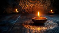 Glowing oil lamp on wooden surface with ornate mandala pattern reflection, creating warm spiritual atmosphere against decorative background.