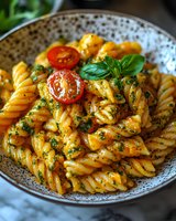 Fusilli pasta in creamy sauce with cherry tomatoes, fresh basil leaves and herbs on ceramic plate, close up view of traditional Italian cuisine meal.