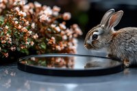 Curious young rabbit peering into round mirror reflection against blooming pink flowers background, creating dreamy spring garden atmosphere.