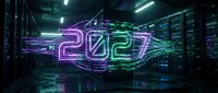 Futuristic neon 2027 sign glowing in purple and green light inside a dark data center with server racks and reflective floor.