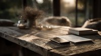 Smartphone on rustic wooden table with sunlight streaming through window, creating warm atmosphere for product photography.
