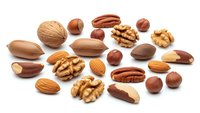 Mixed nuts collection with walnuts almonds pecans hazelnuts and brazil nuts isolated on white background for healthy snacking and cooking recipes.