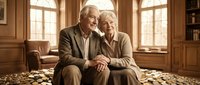 Elderly Caucasian couple sitting together on couch in warm living room with puzzle pieces scattered around, sharing intimate moment in cozy home interior.