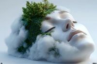 Serene female face emerging from clouds with green moss growing on skin, representing harmony between human and nature, suitable for wellness and eco concepts.