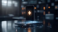 Glowing medical cross on smartphone screen with digital network connections and bokeh lights in dark background for healthcare technology concept.