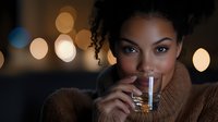 Young African American woman in cozy brown sweater sipping whiskey with blurred bokeh lights in background creating intimate evening atmosphere.