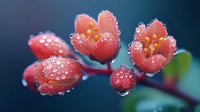 Fresh red flowers covered in morning dew drops on dark blue background. Natural botanical macro photography with water droplets and soft focus bokeh.