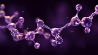 Glowing molecular structure with connected spherical particles on purple background, scientific concept visualization for chemistry, biology and medical research.